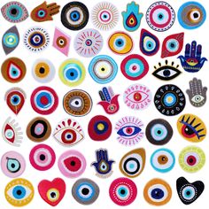 an assortment of different colored eyeballs and hand prints on a white background with the words,