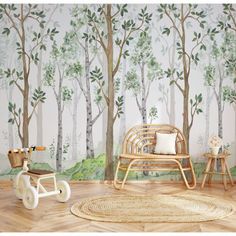 a child's room with a wallpapered forest scene and wooden toys on the floor