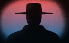 the silhouette of a man wearing a hat in front of a red and blue background