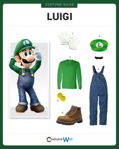 the costume guide for luigi from mario kartman's world is shown in this image