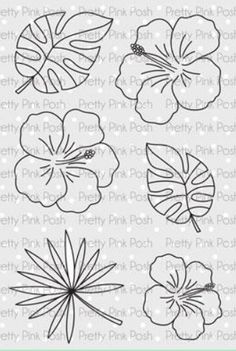 four different flowers and leaves on a polka dot background with the words pretty pink posh