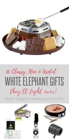 white elephant gifts with text overlay that reads 30 classy, nice and useful white elephant gifts they'll bright give