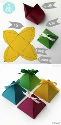 the instructions for how to make an origami flower box with ribbon and bow