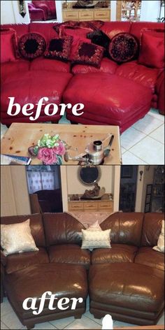 before and after photos of a leather couch