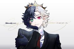 an anime character in a suit and crown with his hand on his chest, looking to the side