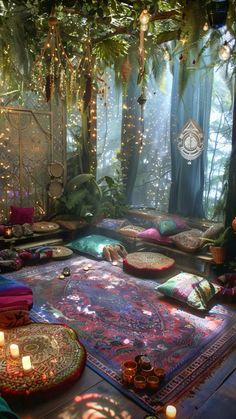 a room filled with lots of pillows and rugs next to candles on the floor