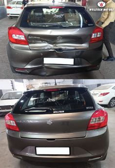 the back and side view of a silver car