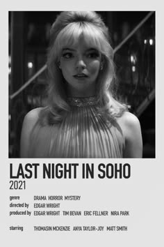 the poster for last night in soho, which features an image of a woman with blonde hair