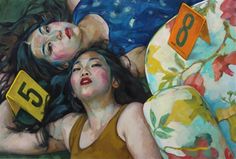 a painting of two women laying on top of each other next to a number sign