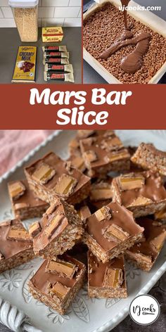 there are many desserts on the table with words overlay that says mars bar slice