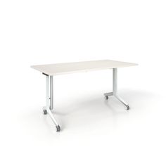 a white rectangular table with wheels on the bottom and one leg raised up to it's side