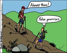 two hikers are talking to each other on the side of a hill with an empty thought bubble above them