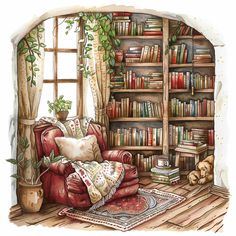 a watercolor painting of a living room with bookshelves