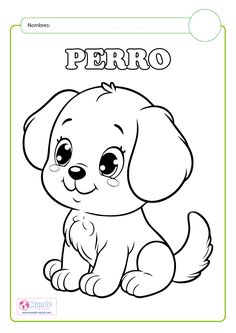 a coloring page with a puppy sitting down and the word perro in front of it