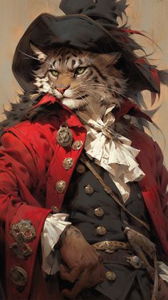 a painting of a cat dressed up in a pirate costume with a hat and feathered tail