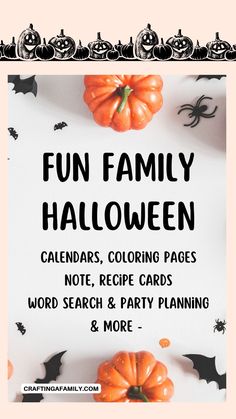 a halloween party with pumpkins and bats on the table, in front of a sign that says fun family halloween