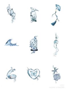 several different types of water and other things in the shape of animals on white paper