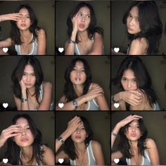 many different pictures of a woman making faces and holding her hand up to her face