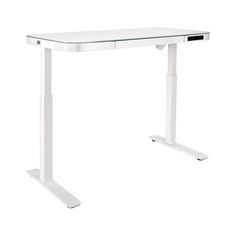 a white computer desk with a glass top and metal legs on an isolated white background