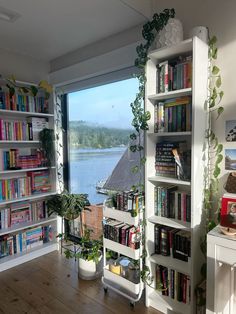 a room filled with lots of books on top of shelves next to a large window