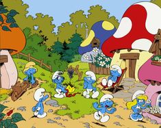 the smurfs are playing around in the garden with their parents and children,