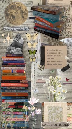 a collage of books, flowers and butterflies on top of an old book page