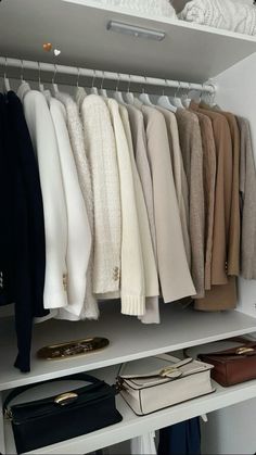 an organized closet with clothes and handbags hanging on the wall, including sweaters