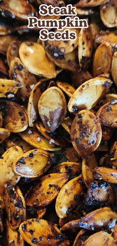 close up of pumpkin seeds with text overlay that reads how to roast pumpkin seeds