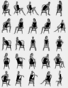 the silhouettes of people sitting on chairs are shown in black and white, as well as