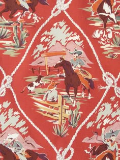 an image of a horse and rider on a red background with white rope around it