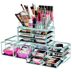 the makeup organizer is organized with clear drawers