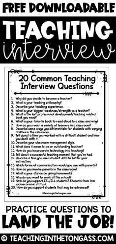 a poster with the words teaching interview written in black and white