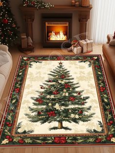 a living room with a christmas tree on the rug