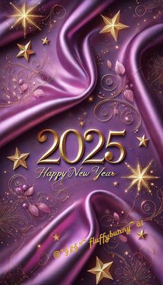 a purple and gold new year's card with stars on the cover, which reads 205 happy new year