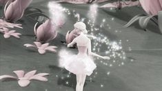 a girl dressed as a ballerina is standing in front of pink flowers and petals