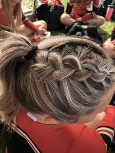 Dutch Braid High Ponytail, Dutch Braid Into High Ponytail, Cute High Ponytails For Cheer, One French Braid Into Ponytail, 2 Braids Into High Ponytail, Cheer Hair Ideas With Bows, Braids Into High Ponytail, High Ponytail Hairstyles Cheerleader, High Ponytail Hairstyles With Braids