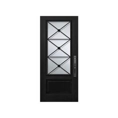 a black door with glass panels on the front and side panel, which has an iron frame