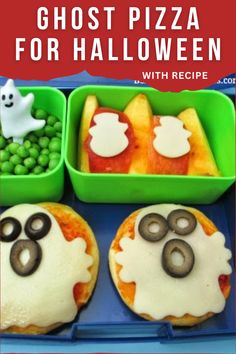 Halloween Ghost Pizza with Recipe. Made with Pillsbury biscuit dough, organic pasta sauce,
mozzarella cheese (for the ghosts), Sliced olives. Leftovers for school lunch. Fall Lunch Ideas, Halloween Lunch Ideas, Ghost Pizza, Kindergarten Lunch, Halloween Pizza, Boxed Lunch