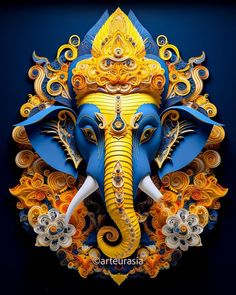 an intricately designed elephant head on a black background with blue and yellow colors,