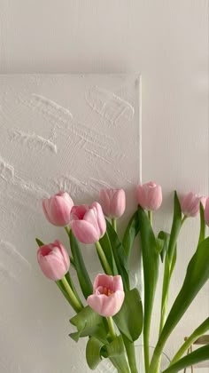 pink tulips are arranged in a vase against a white wall