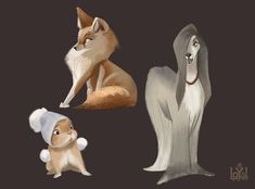 three different types of animals on a black background, one is a fox and the other two are dogs