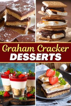 graham cracker desserts collage with strawberries and cream on the top one is chocolate