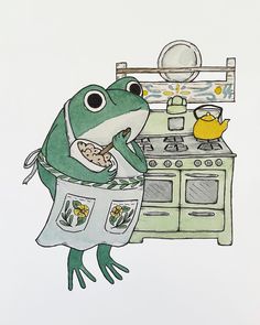 a frog that is standing in front of an oven with food on it's plate