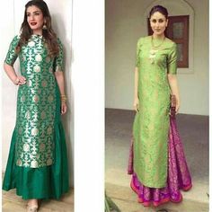 Banaras Dress Designs, Green Banarasi Suit, Lehenga With Long Kurta, Long Kurta With Skirt, Long Kurta With Lehenga, Kurta With Skirt, Banarasi Suits, Silk Kurti Designs, Indian Outfits Lehenga