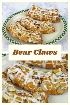 bear claws with white icing on top and green checkerboard plate next to it