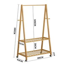 a wooden rack with wheels and measurements for the top shelf, bottom shelf and bottom shelf