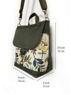 an image of a handbag with measurements for the front and side pockets on it