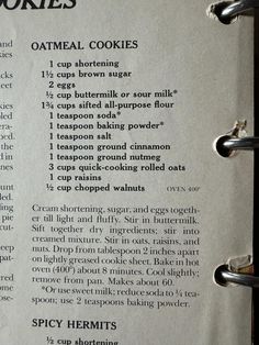 the recipe for oatmeal cookies is shown in an open book with instructions