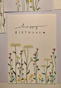 three greeting cards with flowers and the words happy birthday