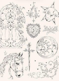 an ink drawing of various designs and symbols for tattoos or other things to draw on paper